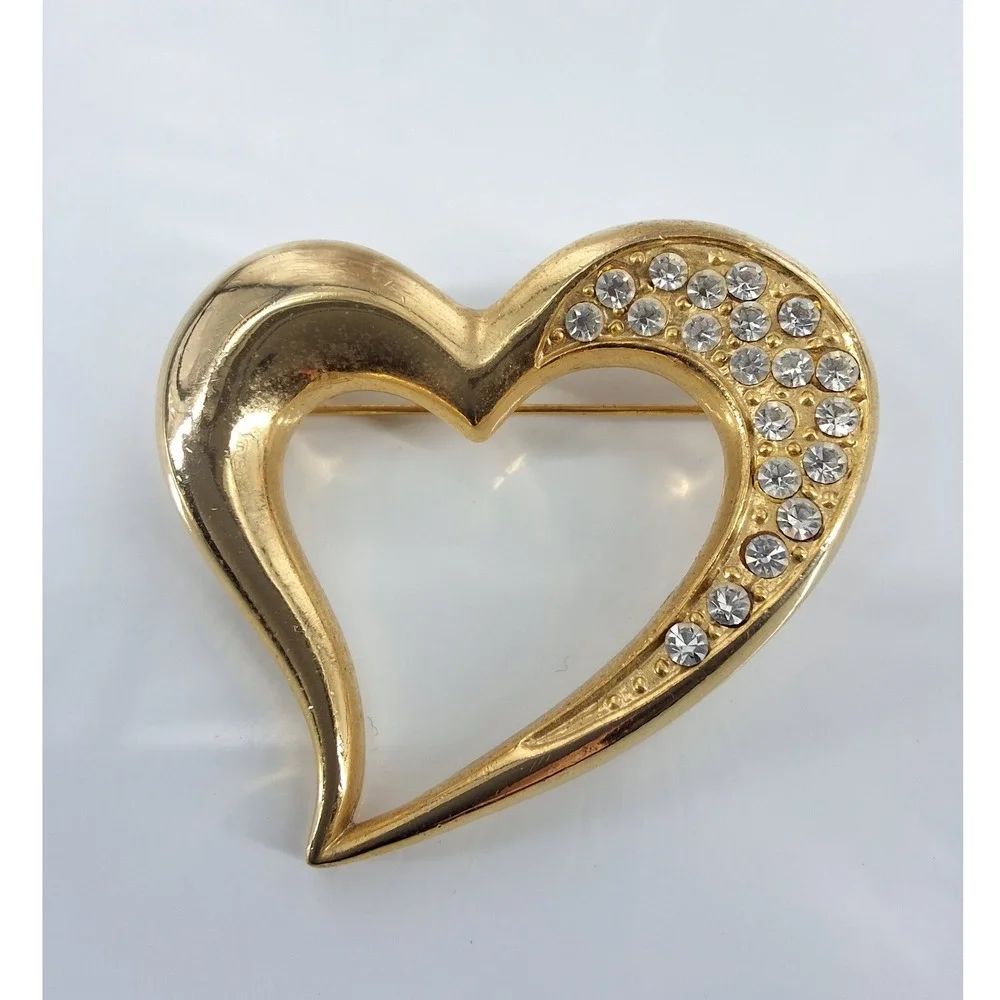 Vintage Gold‎ Tone Pavé Rhinestone Open Heart Brooch Pin 1990s Romantic